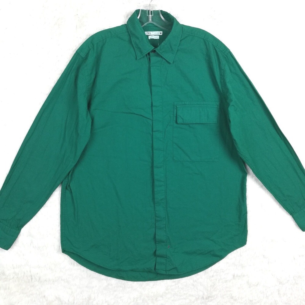 Zara Mens Shirt Button Up Regular Fit Green Cotton Long Sleeve S‎